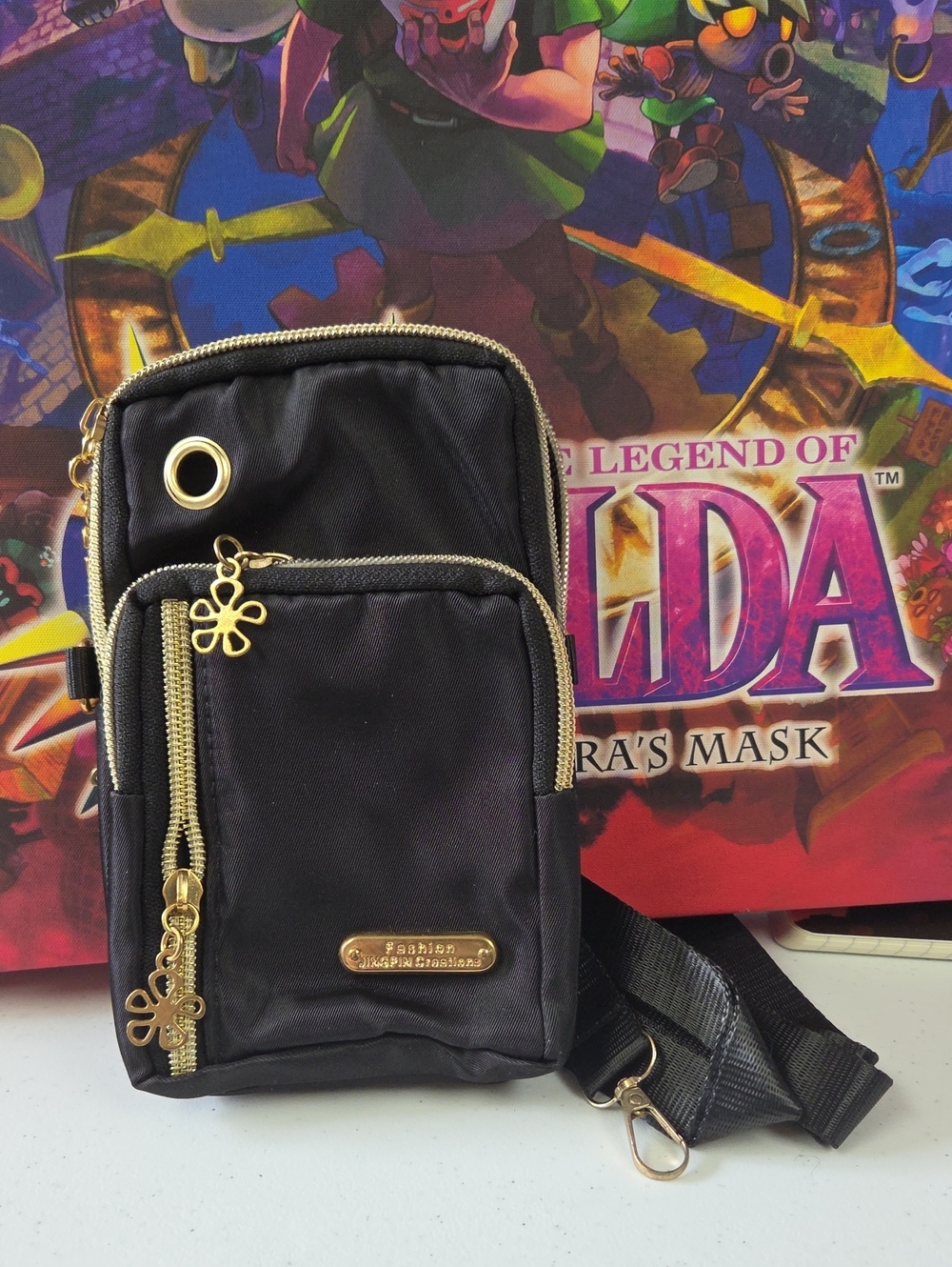 Fashion Multi-Pocket Black Belt Bag with Gold Accents